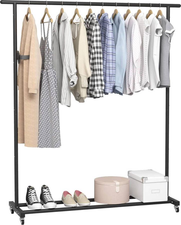 Standaard Staaf Eenvoudige Rolling Metalen Kledingrek Garment Rack Organizer Vrijstaande Hanger met Wielen Zwart