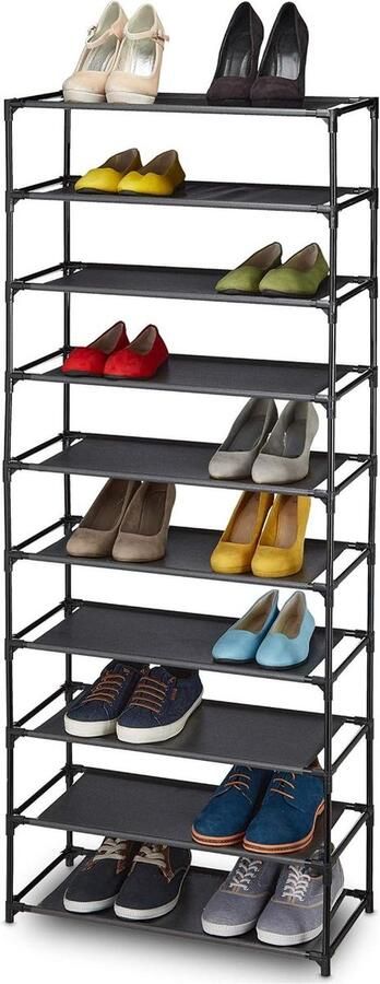 Schoenenrek 10 etages Stapelbaar 30 paar schoenen Hoge schoenenkast Metaal HBD 150x62x28 cm Zwart