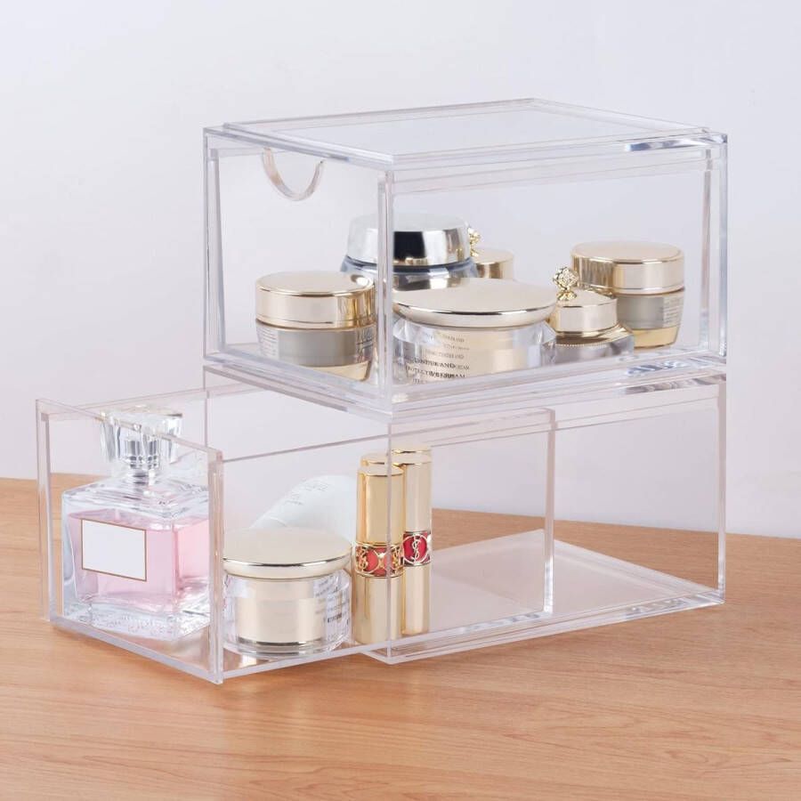 Stapelbare cosmetica-organizer transparante acryl make-uporganizer lade voor cosmetica huidverzorging haarsieraden badkameraanrecht of commode 2 stuks