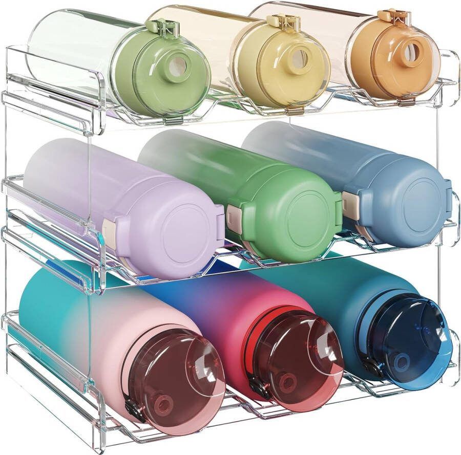 Stapelbare flessenhouder voor kast vriezer voorraadkast Plastic waterfleshouder voor aanrecht in de keuken kast kantoor Pak van 2 elke plank bevat 3 containers