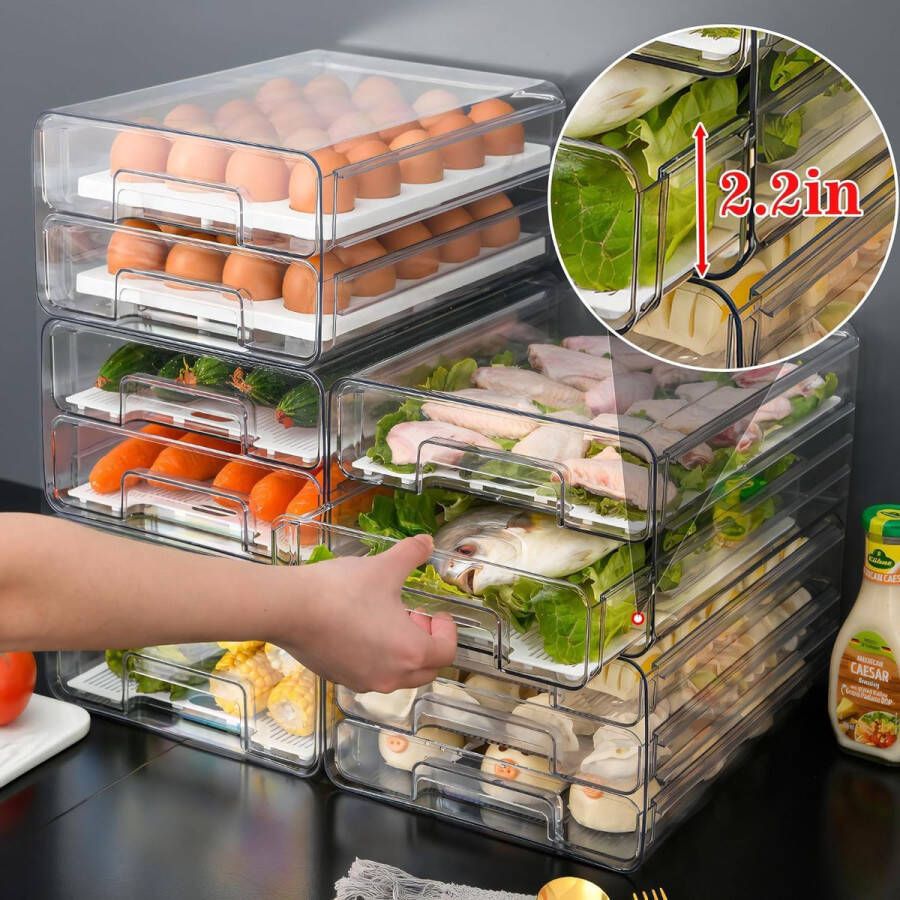 Stapelbare Koelkast Laden Trek Bakken Dubbellaags Koelkast Organizer Koelkast Organizer Doos Clear Plastic Voedsel Opslag Containers Set Produceren Saver voor Bijkeuken Diepvriezer Keukenkast