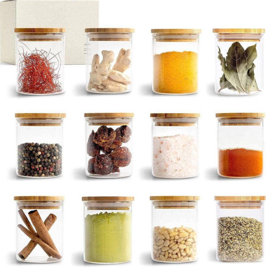 Stapelbare Kruidenpotjes Bamboe 150ml Glazen Voorraadpotten Set Spice Jars Kruiden Organizer Glazen Potjes Voorraadbussen Thee Voorraaddozen kruidenpotjes vierkant