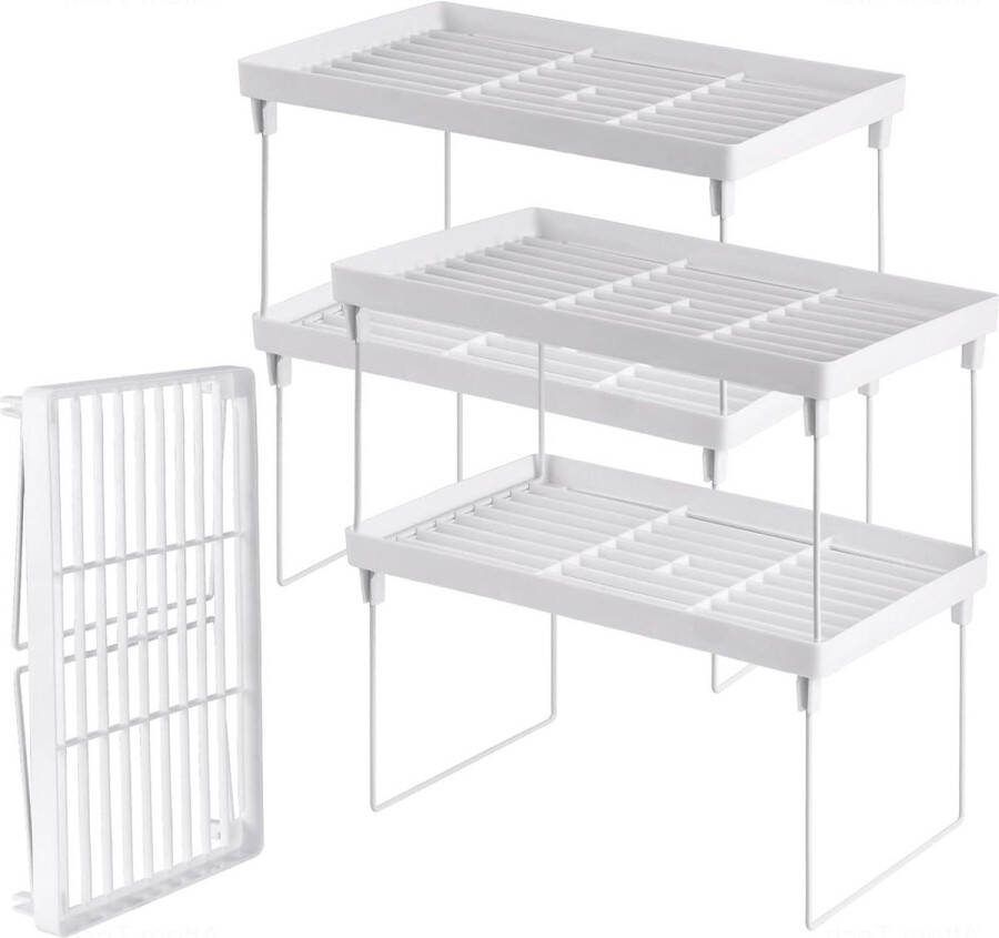 Stapelbare kunststof keuken opbergplank opvouwbaar rek witte keukenkast organizer aanrechtkast voorraadkast 4-pack