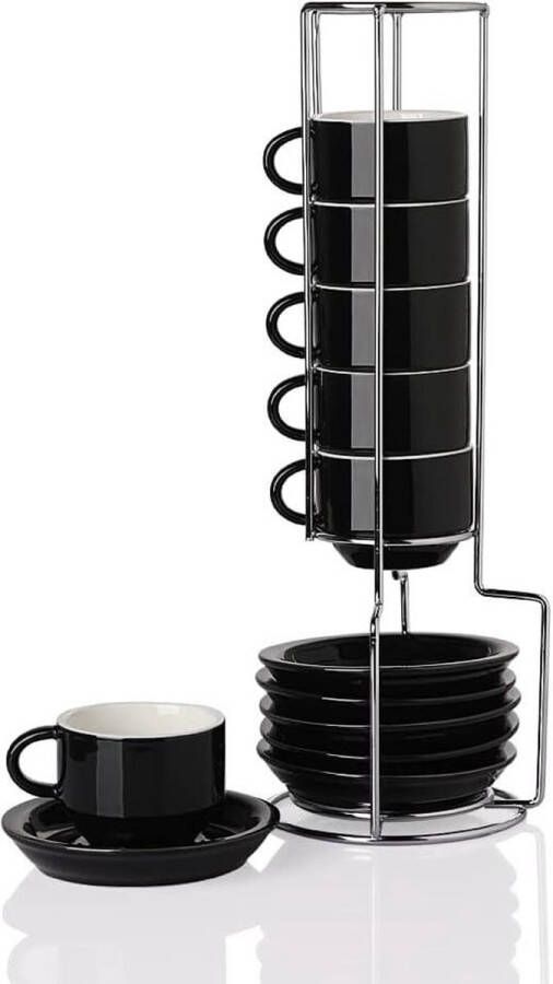 Stapelbare porseleinen espressokopjes en schotels met metalen standaard 70 ml set van 6 zwart koffiekopjes set van 6