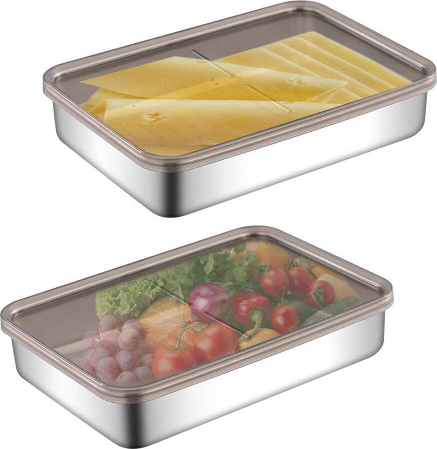 Stapelbare vershouddozen met deksel 2 stuks vleeswarendozen voor koelkast roestvrijstalen vleeswarendos aardappelopbergdoos worst en kaas 195 x 14 x 4 cm vleeswaren doos