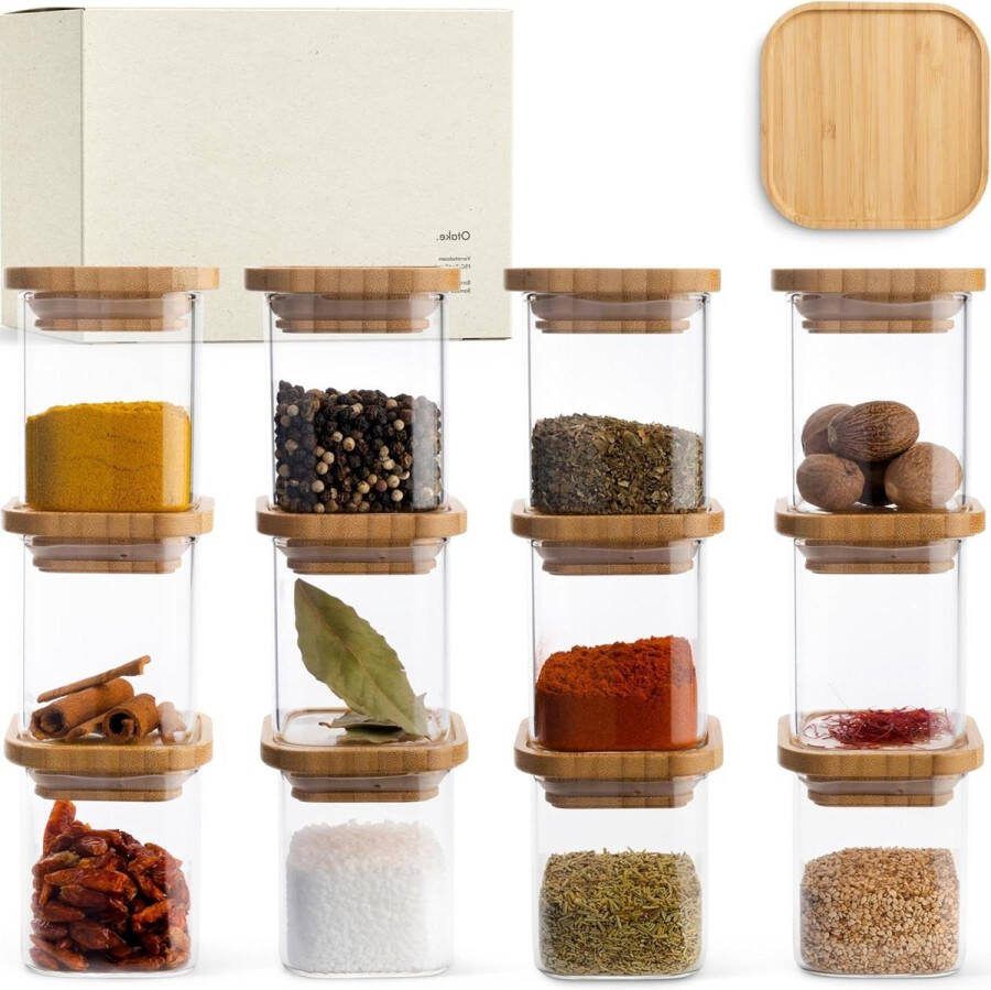 Stapelbare vierkante kruidenpotjes 15 x 150 ml luchtdichte kruidenpotjes met houten deksel set kruidenpotjes kruidenstrooier kleine voorraadpotten met deksel van bamboe kruidenpotjes vierkant