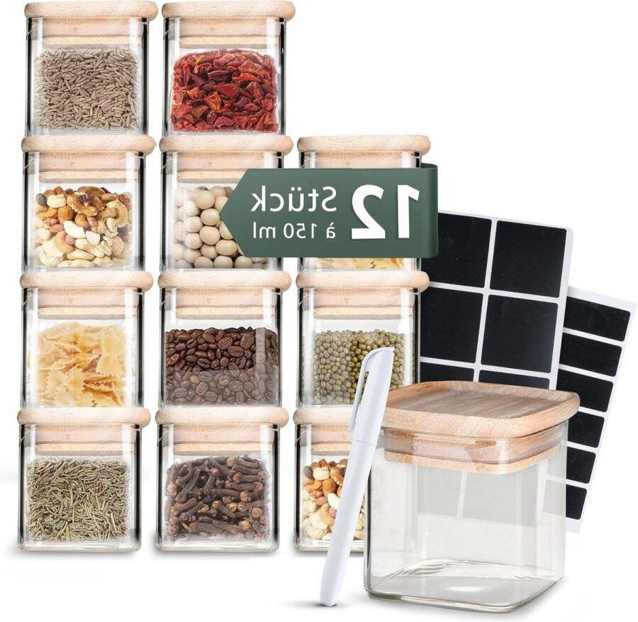 Stapelbare vierkante kruidenpotjes bamboe houten deksel 150 ml set van 12 glazen kruidenpotjes kruidenopslag etiketten Kruidenpotjes vierkant
