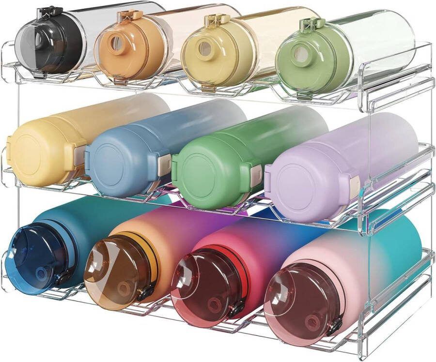 Stapelbare waterfles organisator voor kast vriezer pantry plastic bekerhouder voor aanrecht opbergsysteem voor keukenkast kantoor Modern 3tier-12 flessen. Flessenmand