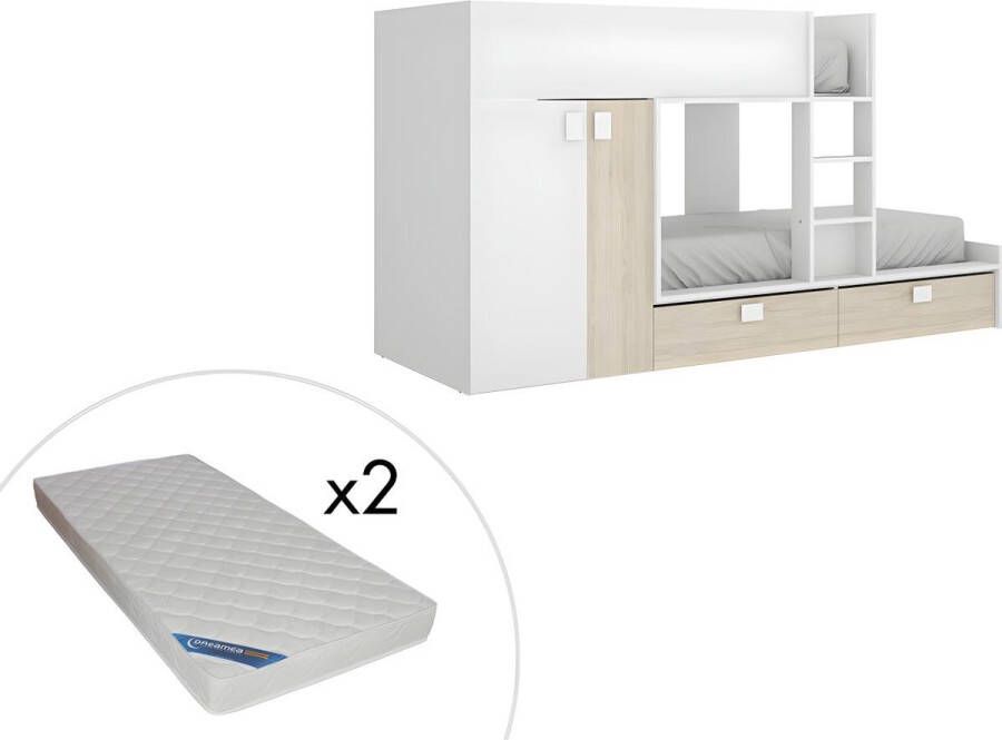 Merkloos Sans marque Stapelbed JUANITO Ingebouwde kast 2x90x190cm Wit en eiken + matras L 275 cm x H 150 cm x D 108 cm