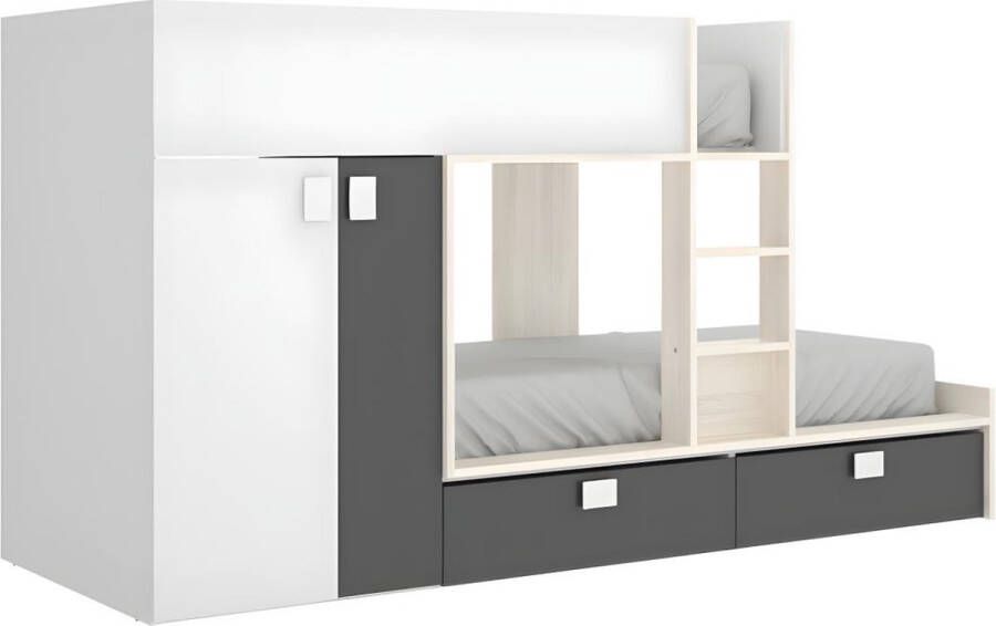 Merkloos Sans marque Stapelbed JUANITO met ingebouwde kast 2 x 90 x 190 cm Wit eiken en antraciet L 275 cm x H 150 cm x D 108 cm