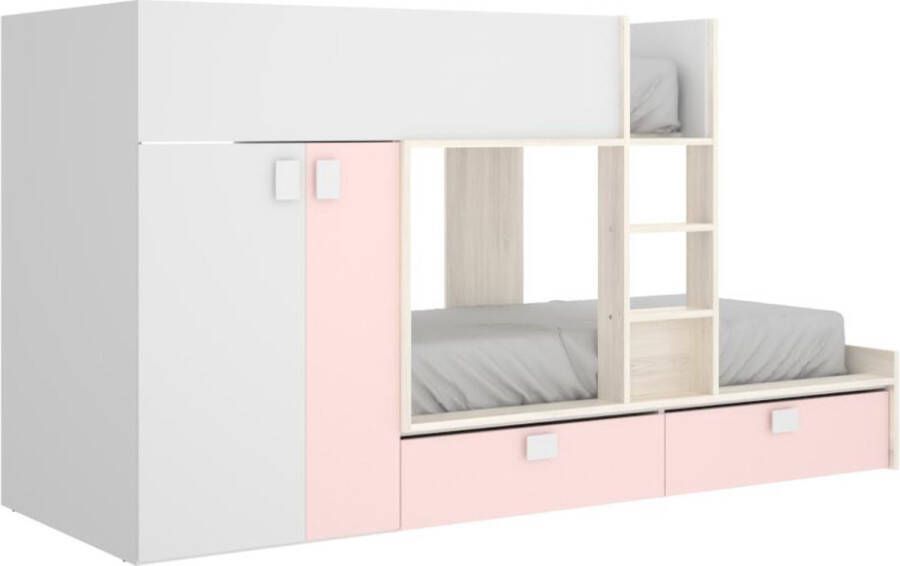 Merkloos Sans marque Stapelbed JUANITO met ingebouwde kast en opbergruimte 2x90x190cm Wit eiken en roze L 275 cm x H 150 cm x D 108 cm