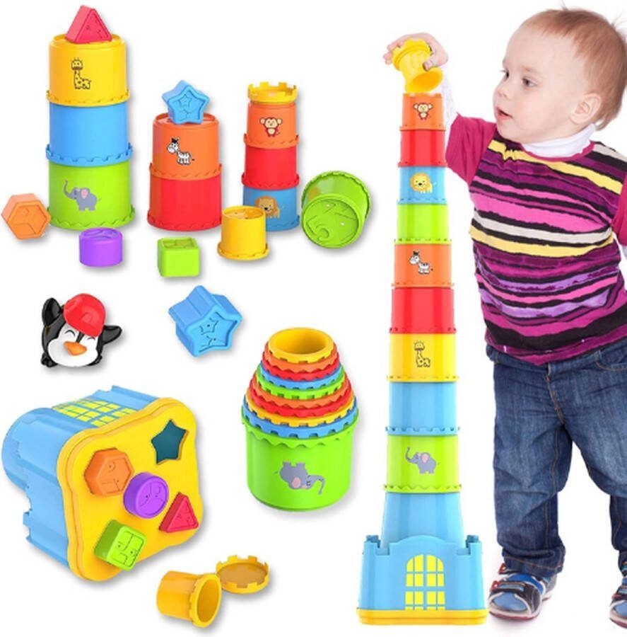Stapelbekers set 2in1 Stapelspeelgoed Sorteervormer 19stuks Educatief Speelgoed Baby Stapelblok tot 77cm Hoog