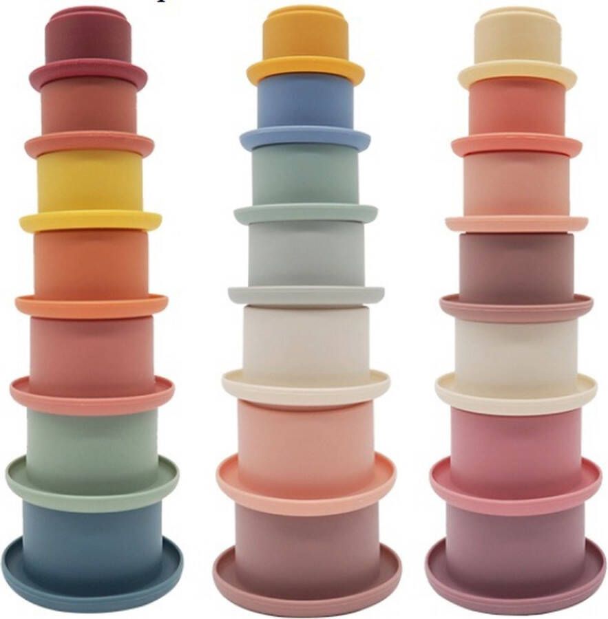Stapeltoren Stapelbekers Montessori Siliconen Retro kleuren versie 2 7-delig 23 cm Educatief speelgoed Dreumes Peuter Kleuter