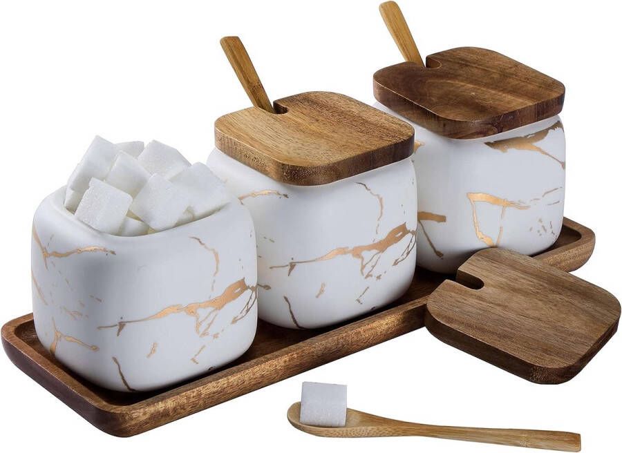 STAR&STER Kruidenpotjes set van 3 keramische suikerpotten met deksel en lepel bamboe voor huis en keuken alternatief voor kruidenrek en kruidenrek voor keuken en eettafel wit marmerpatroon