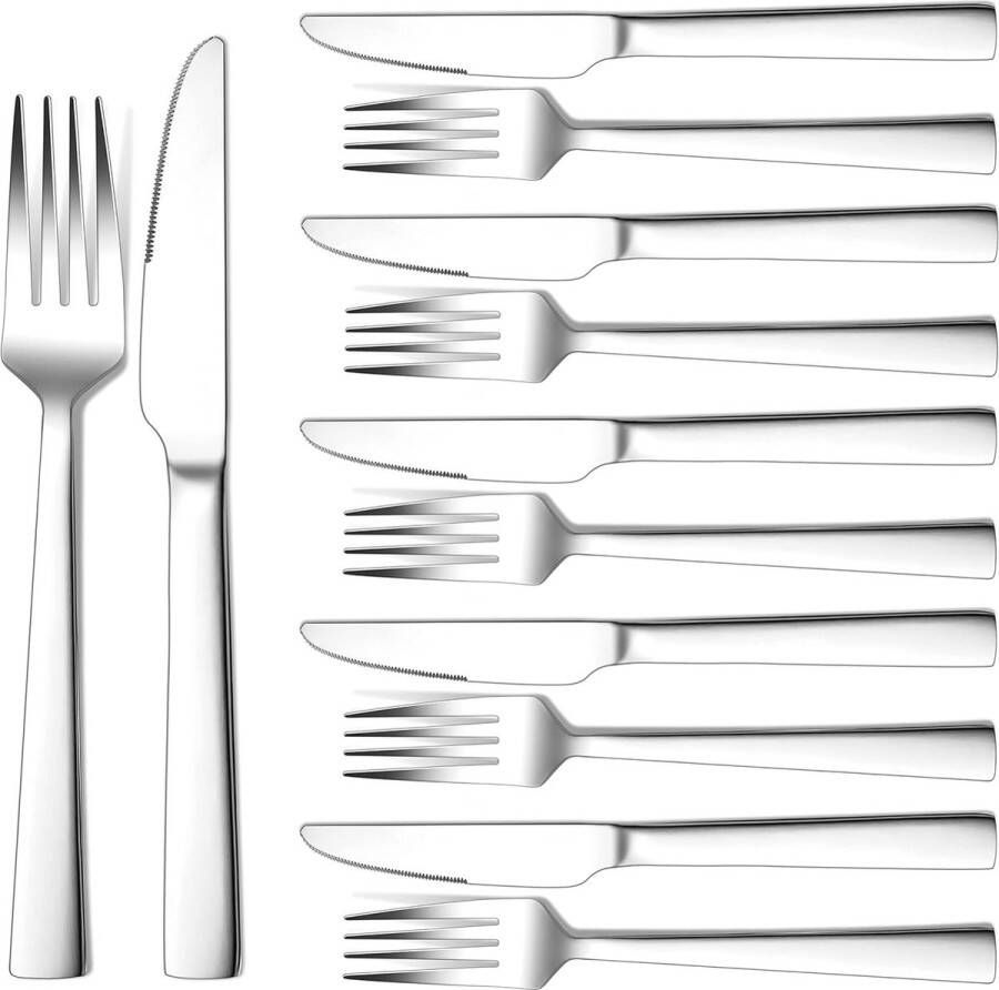 Steakbestek 12-delig roestvrij staal steakbestek set voor 6 personen zilveren steakmessen en steakvorken hoogwaardige vorkset voor pizza steak roestvrij en vaatwasmachinebestendig