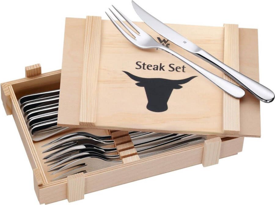 Steakbestek 12-delig steakbestekset voor 6 personen steakmes steakvork gepolijst Cromargan roestvrij staal grillbestek in houten kist