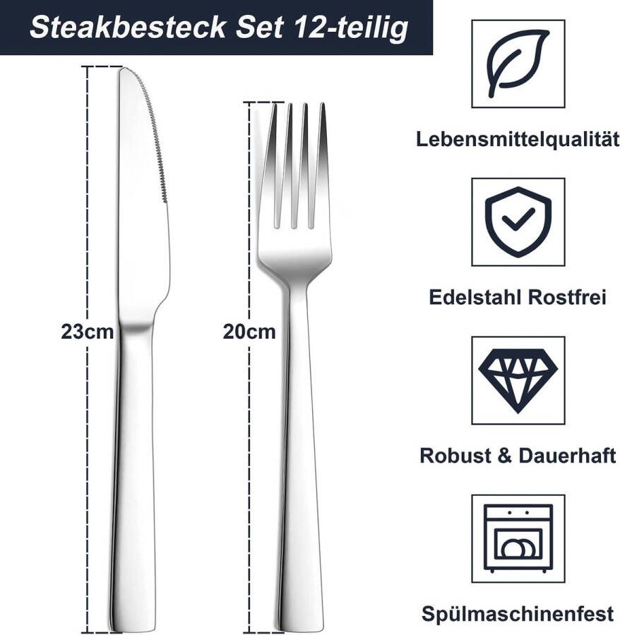 Steakbestek 12-delige roestvrijstalen steakbestekset voor 6 personen zilveren steakmes en steakvorken hoogwaardige mesvorkenset voor pizza steak roestvrij en vaatwasmachinebestendig