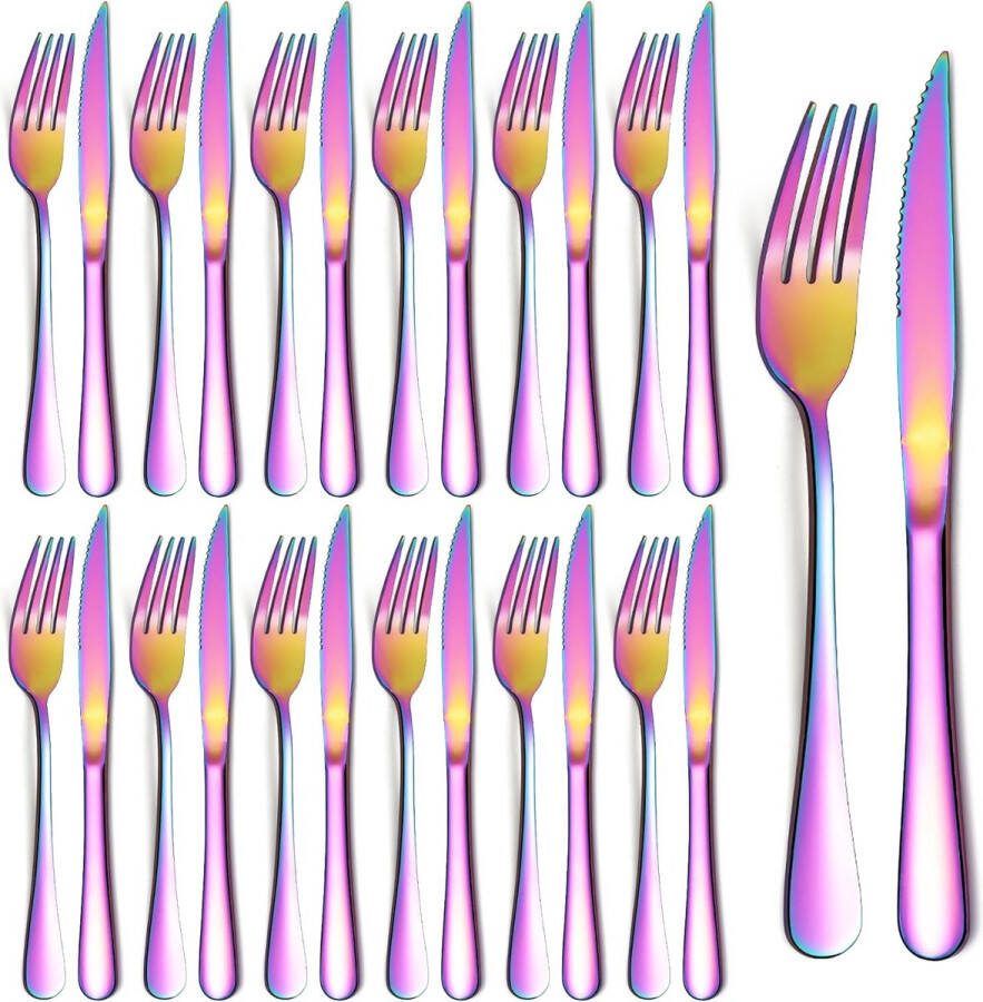 Steakbestek 24-delig regenboog-titanium coating roestvrij staal 12 vorken en 12 tafelmessen steakmessen steakvorken vaatwasmachinebestendig