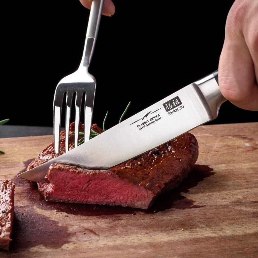 Steakbestek 4-delig steakvork steakmes roestvrij staal gepolijst lemmeten voor thuis en restaurant geschenkverpakking Duits roestvrij staal steakbestek 4-delig 12 cm