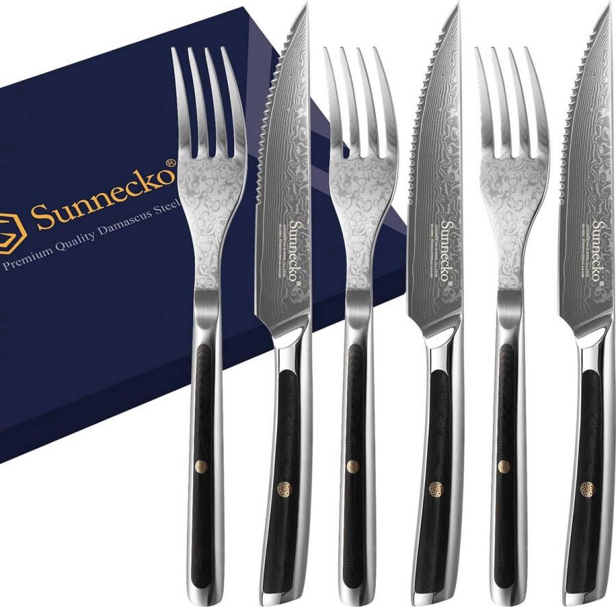 Steakbestekset damaststeakmes en vork 6-delige set steakbestek met damaststaal gekarteld mes steakmessen set met G10 handvat grillbestek tafelbestek met geschenkdoos