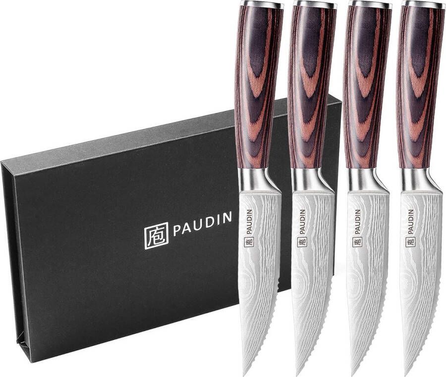 Steakmessen 4-delig 13 cm groot steakbestek scherpe messenset met carbon roestvrij staal hoogwaardig steakmes met ergonomisch houten handvat en geschenkdoos