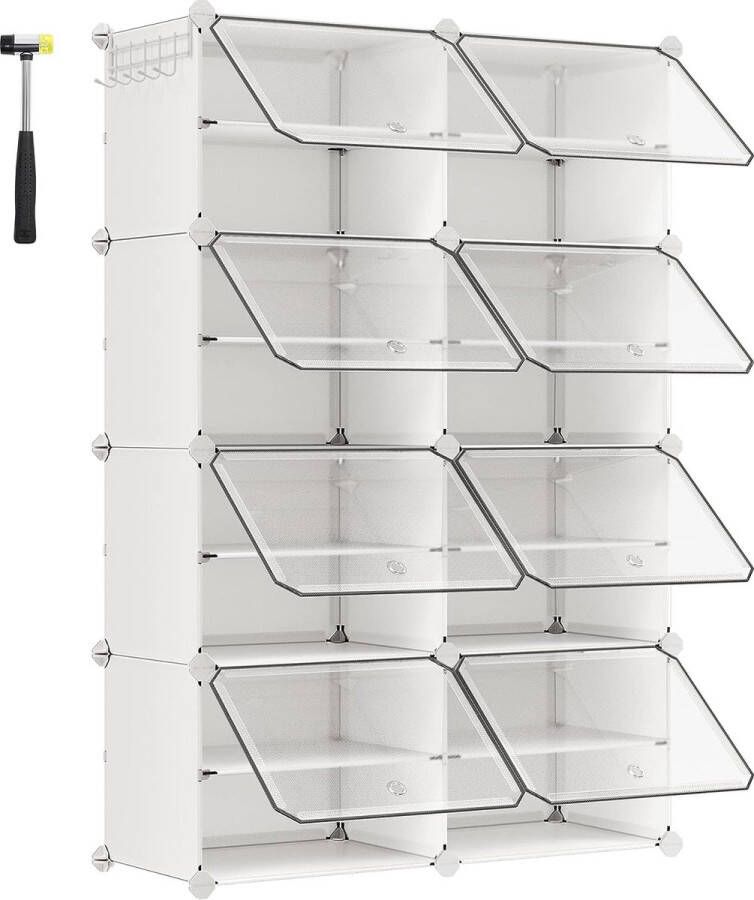 Steekbaar schoenenrek van kunststof modulaire opbergkast met 8 sleuven 30 x 40 x 30 cm voor elke sleuf met deuren stalen frame kunststof platen wit