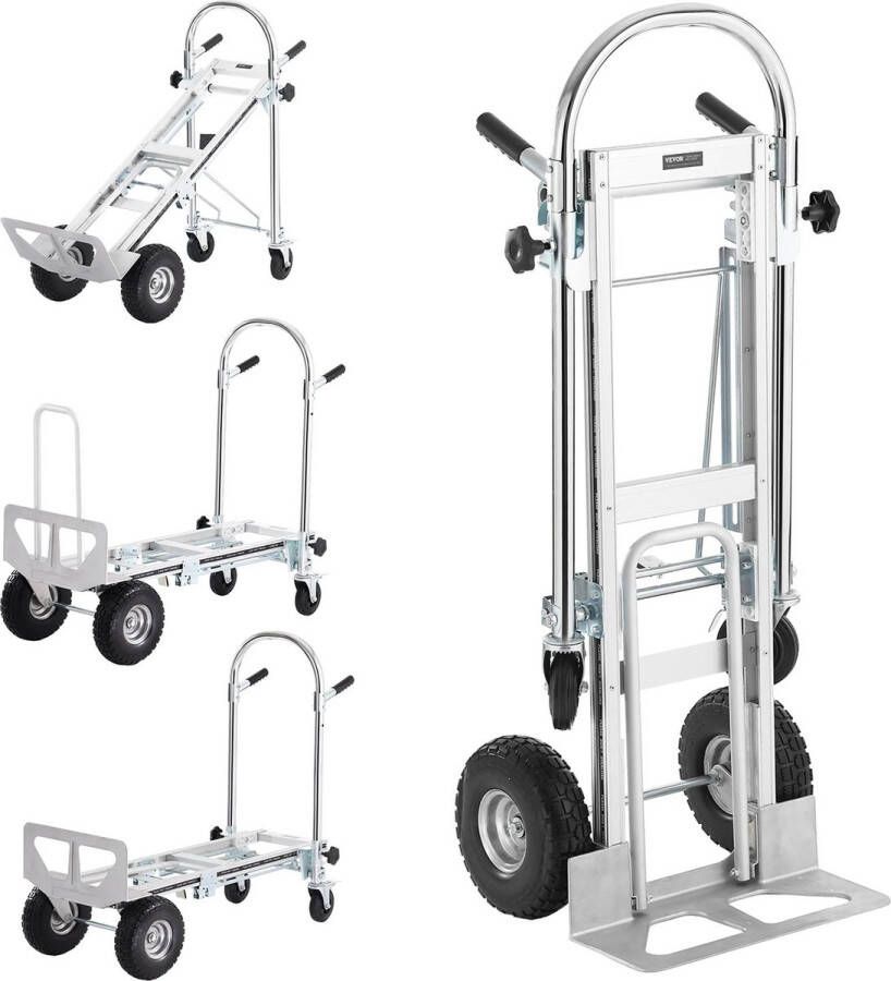Steekwagen Plateauwagen Transportkar 4 In 1 Steekwagen Opvouwbaar Steekwagen Inklapbaar 150 Kg Draagkracht Zilver