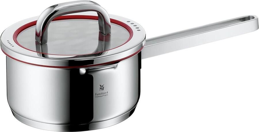 Steelpan ø 16 cm ca. 1.4 L Binnenkant schaal dekking met 4 Afgiet functies geproduceerd in Duitsland Holle handgreep Glazen deksel Cromargan roestvrij staal Geschikt voor inductie Vaatwasmachinebestendig
