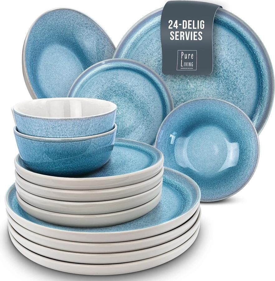 Steengoed Serviesset voor 6 Personen Ibiza 24-delig Mediterraans Servies Vaatwasser- Magnetron- en Krasbestendig Pure Living Eetgerei licht blauw
