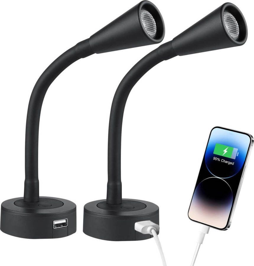 Stellar LED Leeslamp Set van 2 12V LED Met USB Oplader Zwanenhals Lamp Dimschakelaar 6 x 6 x 22 cm 160 Lumen