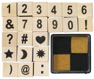 Hema stempelset hout cijfers en leestekens 22-delig houten stempels goud zwart inktkussen nummers hart