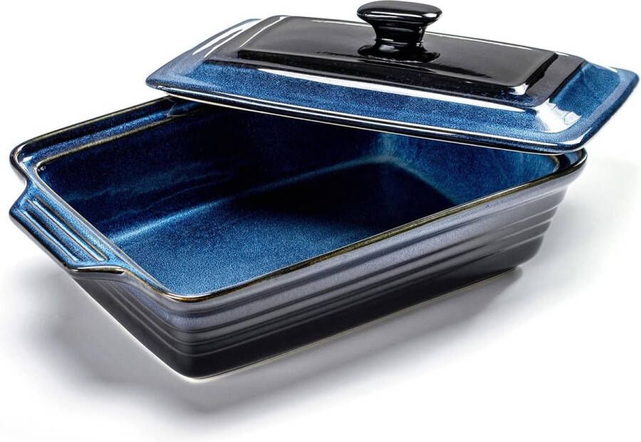 Stenen ovenschaal met deksel grote keramische ovenschaal 3 L keramische braadschaal met handvatten voor lasagne kookgerei cocotte voor de oven reactieve glazuur blauw