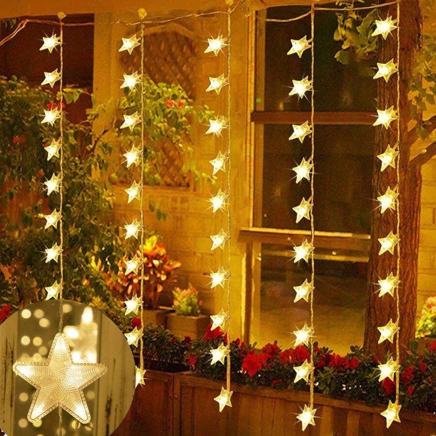 Sterren lichtsnoer 2 meter 144 lampjes warm wit 8 ophangstrips elke strip (4 klein + 1 groot) in twee groepen gerangschikt sterrenlichtdecoratie geschikt voor Kerstmis tuin campingdecoratie