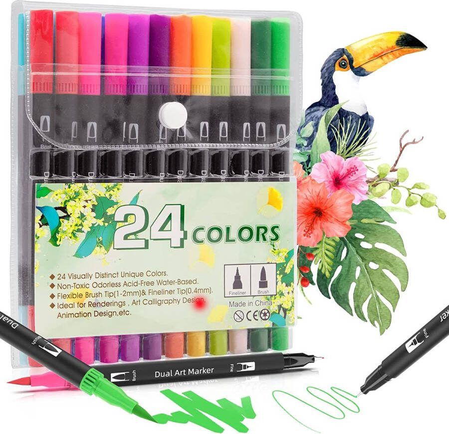 Creatieve Kleurstiftenset 24 Dual Brushpennen en Fineliners voor Tekenen en Schrijven