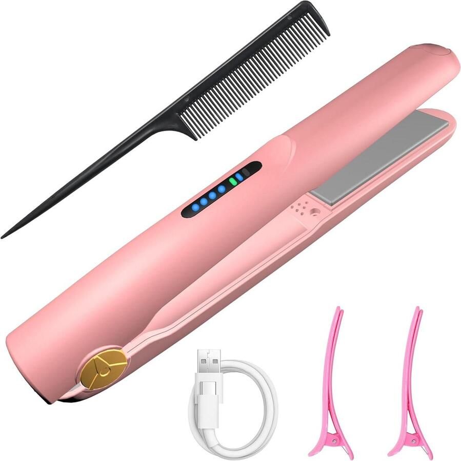 Stijltang 2-in-1 draadloos mini-stijltang krullen-stijltang draagbare USB-haarstijltang 3 temperaturen 2600 mA-accu kort-lang haar (roze)