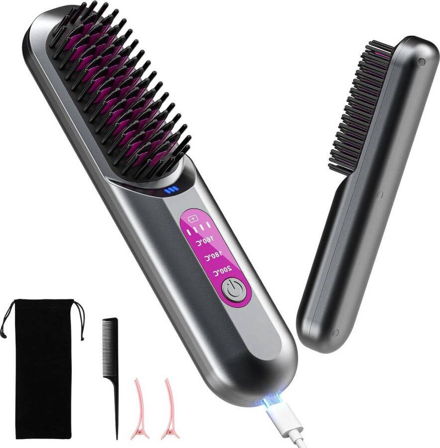 Stijltang Draadloze Borstel 5000mAh Draagbare Verwarmde Kam Reizen Mini Negatieve Ion USB Oplaadbaar Vrouwen Baard Mannen