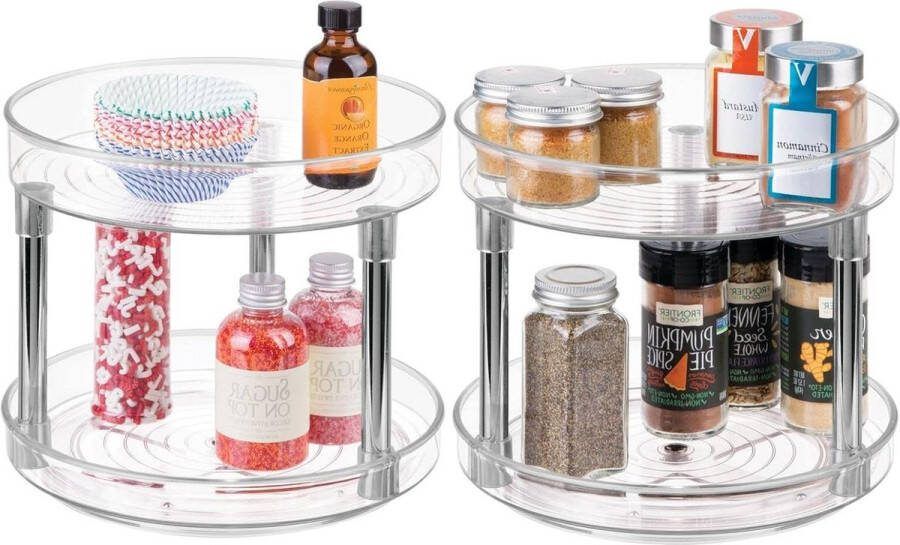 Stijlvol draaibaar kruidenrek voor keuken en badkamer opbergrek voor kruiden specerijen en potjes Lazy Susan draaiplateau met 2 niveaus set van 2 transparant en zilver