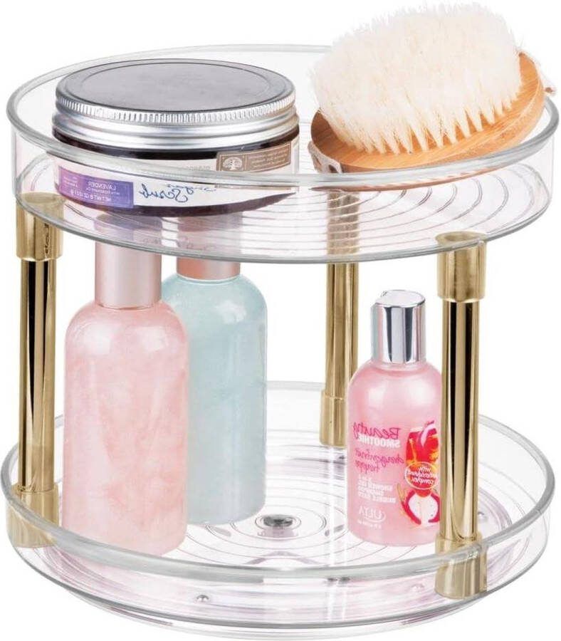 Stijlvolle roterende make-up organizer voor cosmetica en medicatie rond draaiplateau met 2 niveaus voor badkamer en keuken transparant en messing