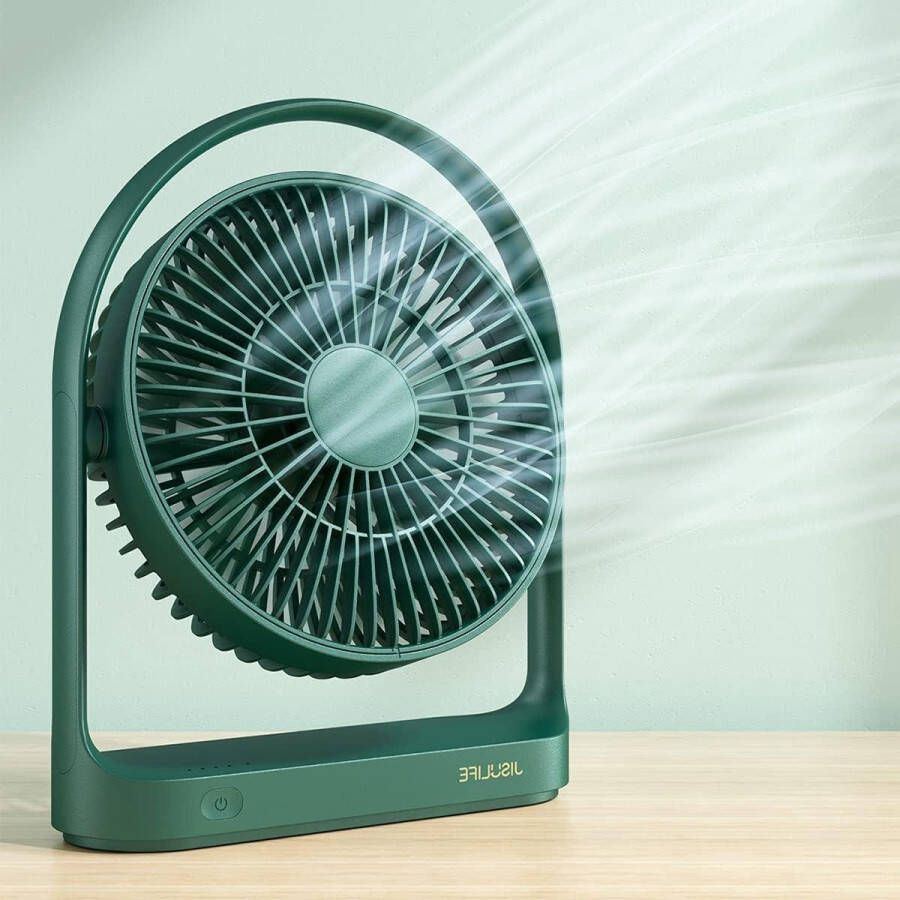 Stille draagbare bureauventilator op batterijen 4 snelheden tot 15 uur oplaadbaar USB 4000 mAh groen