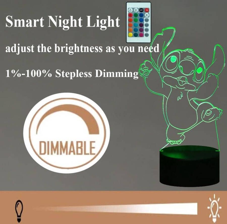 Stitch Night Light 3D LED: 16 Kleuren Auto-Flash Kinderlamp Lilo Stitch Tafellamp voor Kinderen Dimbaar Slaapkamer Decor Verjaardagscadeau