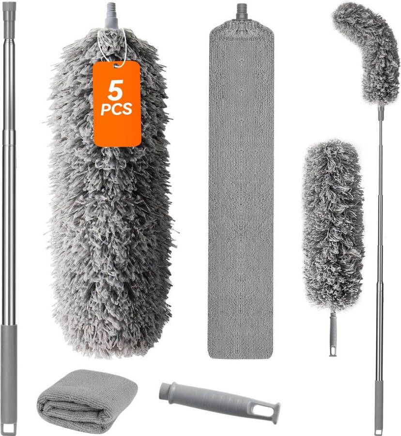 Stofdoek telescopisch wasbaar voor plafond met telescoopstang microvezel hoekbezem max. lengte 55-254 cm stofbezem met telescoop voor hoge plafondventilator spinnenwebben (5 grijs)