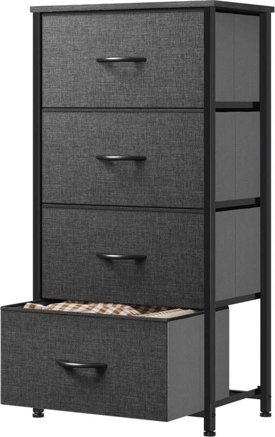 Stoffen ladekast met 4 lades voor slaapkamer sterk stalen frame gemakkelijk te trekken stoffen bakken houten bovenkant zwart grijs Ladeblok