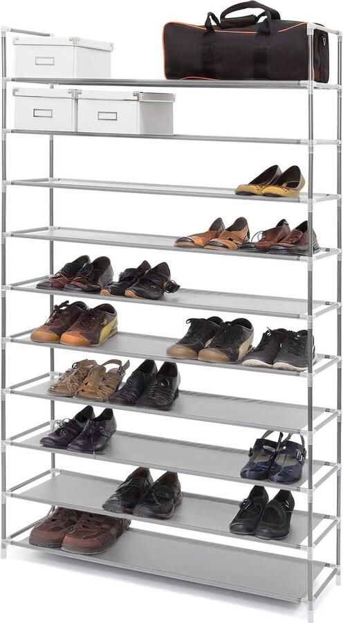 Stoffen schoenenrek 1755 x 100 x 29 cm 50 paar schoenen 10 etages insteeksysteem grijs