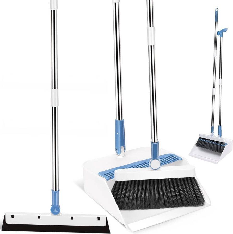 Stoffer en blik met lange steel Myiosus Bezem en veegschep set vloertrekker kamtanden 180 graden draaibare bezem keuken huis kantoor reiniging wit blauw Stoffer en blik met lange steel