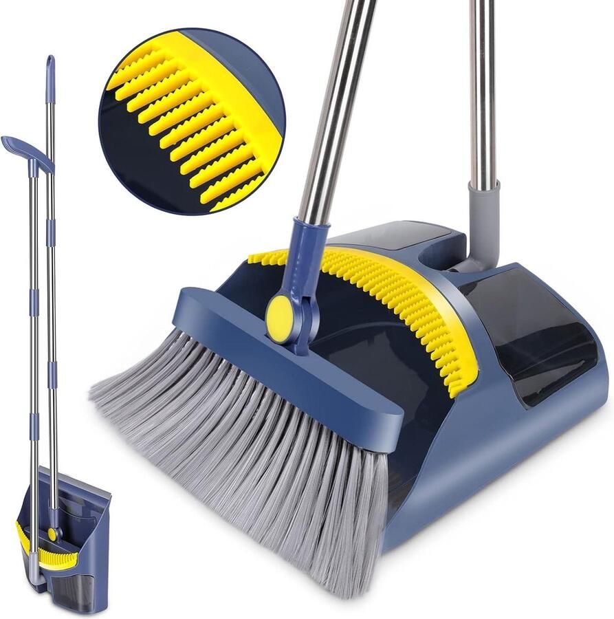 Stoffer en blik met lange steel Stofpan en bezem set 119 cm lange steel veegborstel rechtopstaande stofpan binnen buiten schoonmaken blauw geel Stoffer en blik met lange steel