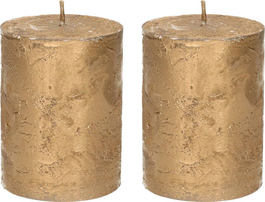 Merkloos Stompkaars cilinderkaars 2x goud 7 x 9 cm middel rustiek model Stompkaarsen