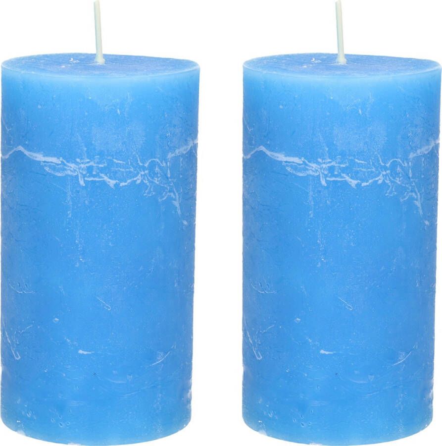 Merkloos Stompkaars cilinderkaars 2x helder blauw 7 x 13 cm rustiek model Stompkaarsen