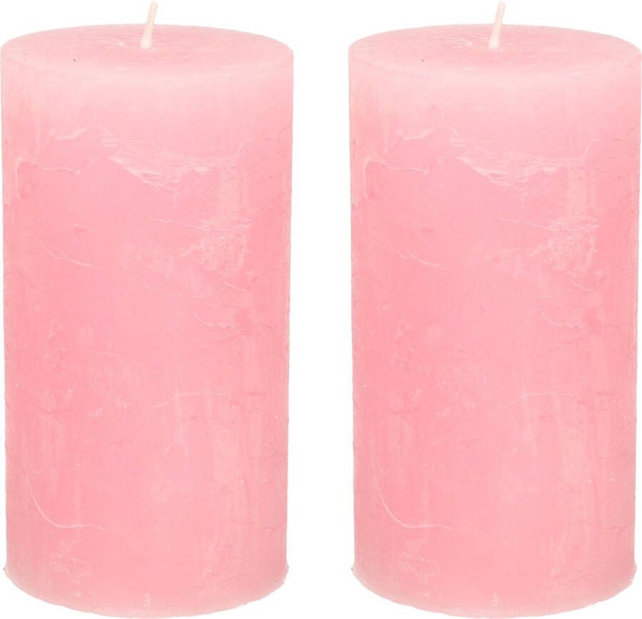 Merkloos Stompkaars cilinderkaars 2x roze 7 x 13 cm rustiek model Stompkaarsen