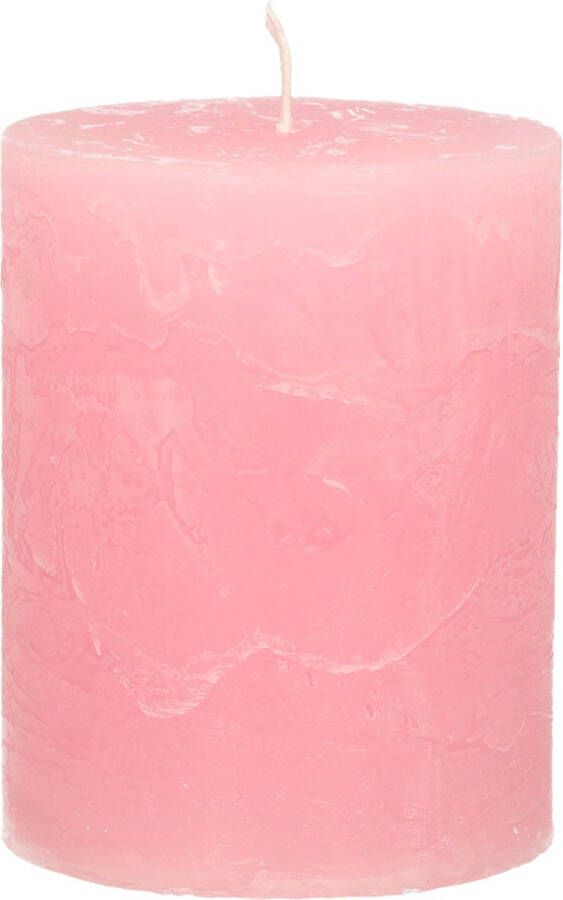 Merkloos Stompkaars cilinderkaars roze 7 x 9 cm middel rustiek model Stompkaarsen