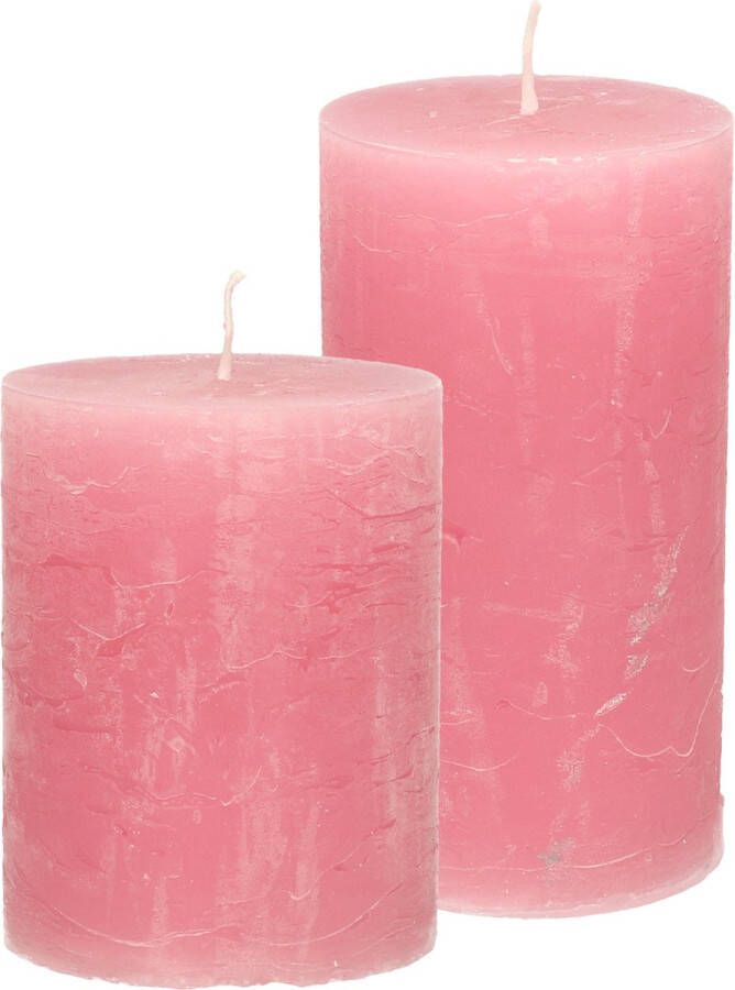 Merkloos Stompkaarsen cilinderkaarsen set 2x oud roze rustiek model Stompkaarsen